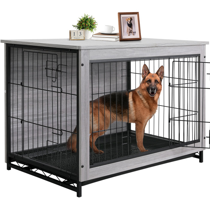 Aleko Dog Crate Furniture With Drawer And Storage Hooks For Medium Pet – 50 Lb. Weight Capacity – Weathered Gray – Free Rope Toy And Cushion Included